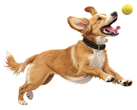 A cartoon dog with a collar jumping up to catch a tennis ball  isolated on transparent background, Generative ai.