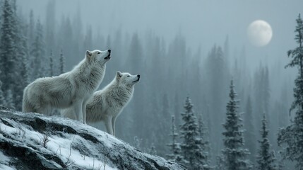 Two white wolves howl at the moon in a snowy forest