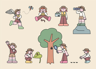 Cute kids exploring nature and observing insects with nets, magnifying glasses, and binoculars. Perfect for summer camp and outdoor education themes.