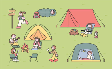 Cute illustration of kids camping: sitting by a campfire, playing guitar, roasting marshmallows, relaxing in tents, and hiking with backpacks.