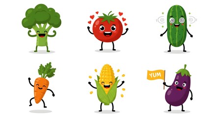 Delightful cartoon vegetables broccoli carrot corn tomato cucumber eggplant healthy eating food illustration perfect for kids books websites and educational materials
