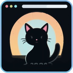 A whimsical illustration of a black cat sitting in front of a glowing arch, perfect for art lovers and cat enthusiasts.