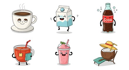 Adorable Drink Characters Coffee Tea Milk Soda Smoothie Coconut Beverage Cartoon Illustration perfect for summer designs menus and kids projects