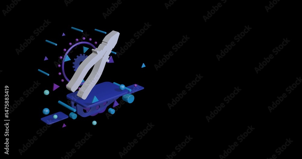 Poster white pliers symbol on a pedestal of abstract geometric shapes floating in the air. abstract concept