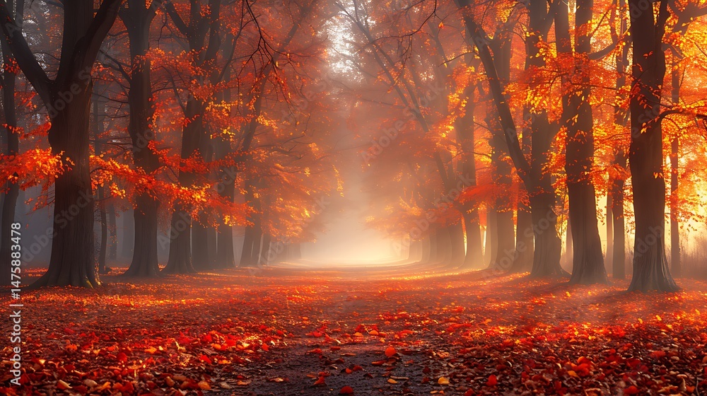 Poster autumnal forest path lined with trees under golden sunlight and dense fog