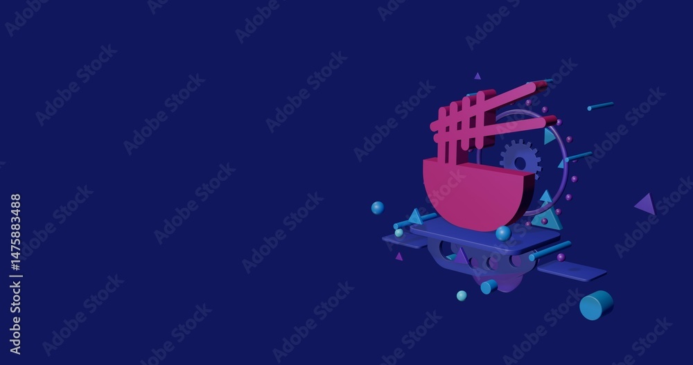 Poster pink noodle symbol on a pedestal of abstract geometric shapes floating in the air. abstract concept 