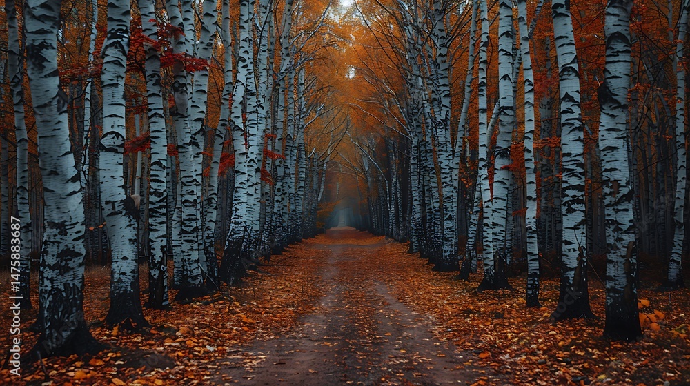 Poster autumnal forest scene with a path lined with birch trees and golden leaves