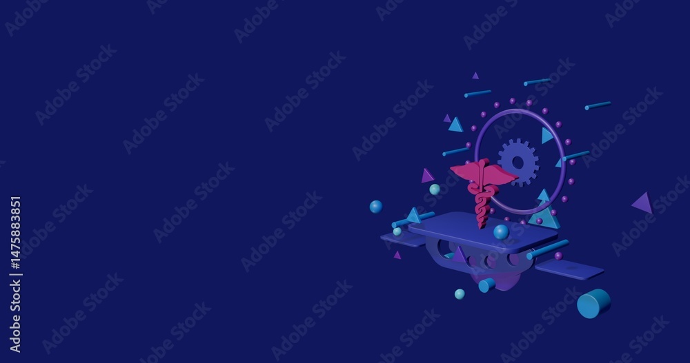 Poster pink caduceus symbol on a pedestal of abstract geometric shapes floating in the air. abstract concep