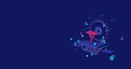 Naklejka premium Pink caduceus symbol on a pedestal of abstract geometric shapes floating in the air. Abstract concept art with flying shapes on the right. 3d illustration on indigo background