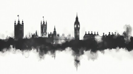 Naklejka premium Monochromatic Watercolor Skyline of London's Iconic Landmarks