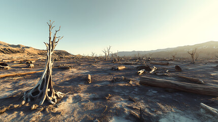 Obraz premium Sun-bleached skeletal trees and decaying logs scattered across a barren, arid landscape under a clear sky. [Crystalline Wastelands] | Brilliance Hollow | echoing pit. Illustration