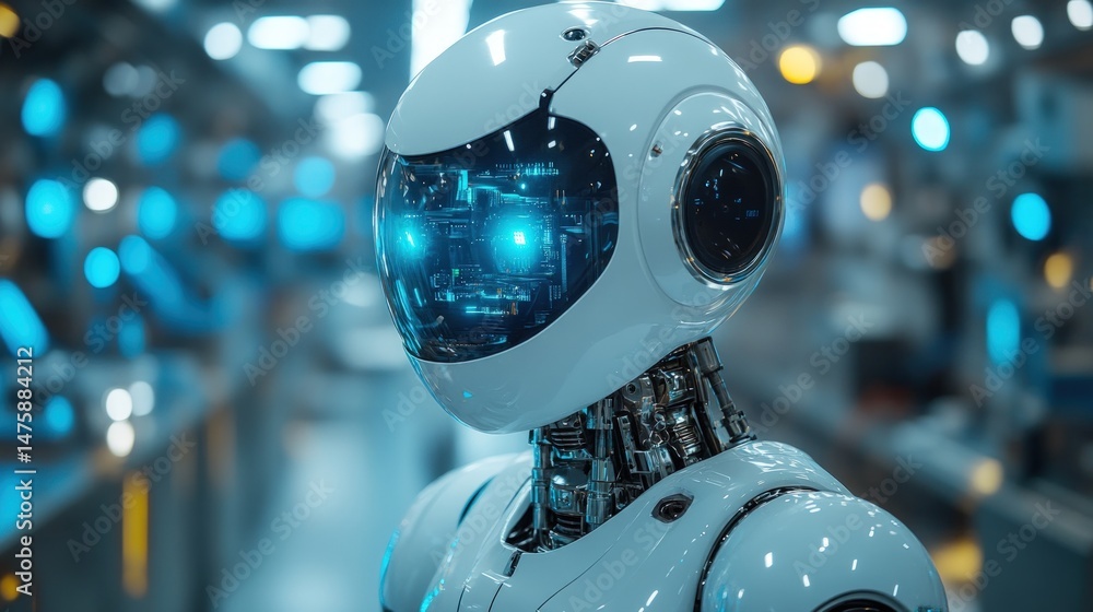 Poster futuristic robot in a factory setting. detailed view of head and upper body