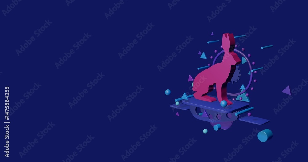 Poster pink hare symbol on a pedestal of abstract geometric shapes floating in the air. abstract concept ar