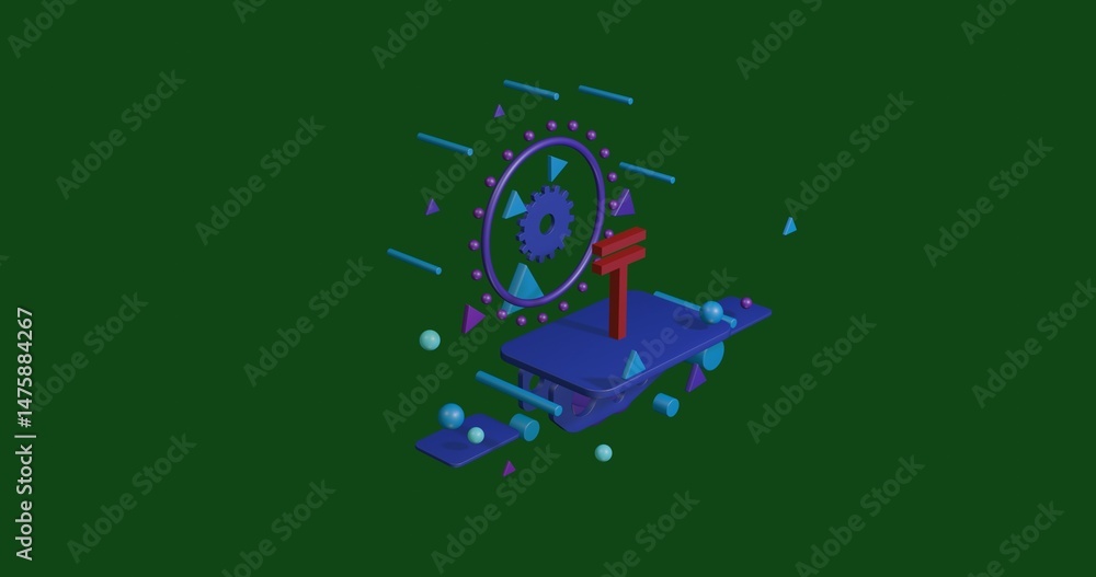 Poster red tenge symbol on a pedestal of abstract geometric shapes floating in the air. abstract concept ar