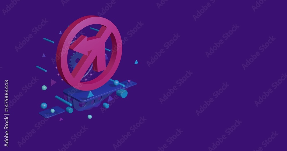 Poster pink no left turn sign on a pedestal of abstract geometric shapes floating in the air. abstract conc