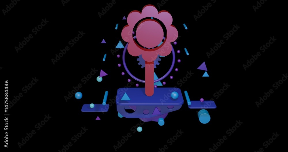Poster red chamomile symbol on a pedestal of abstract geometric shapes floating in the air. abstract concep