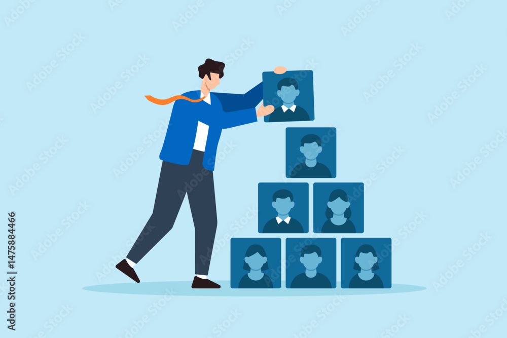 Poster flat illustration of human resource manager stacking applicant profile cards like building blocks to