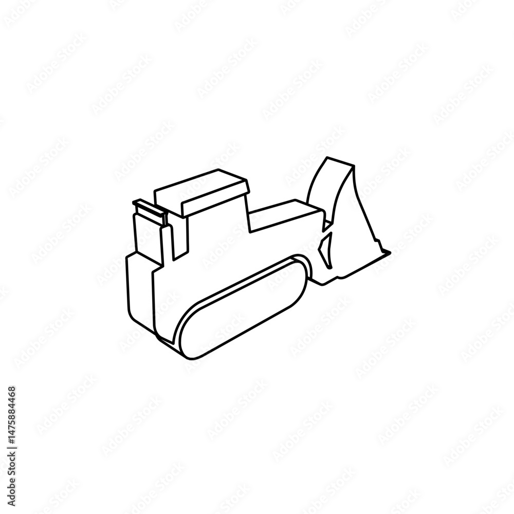 Poster the outline of a large bulldozer symbol is made with black lines. 3d view of the object in perspecti