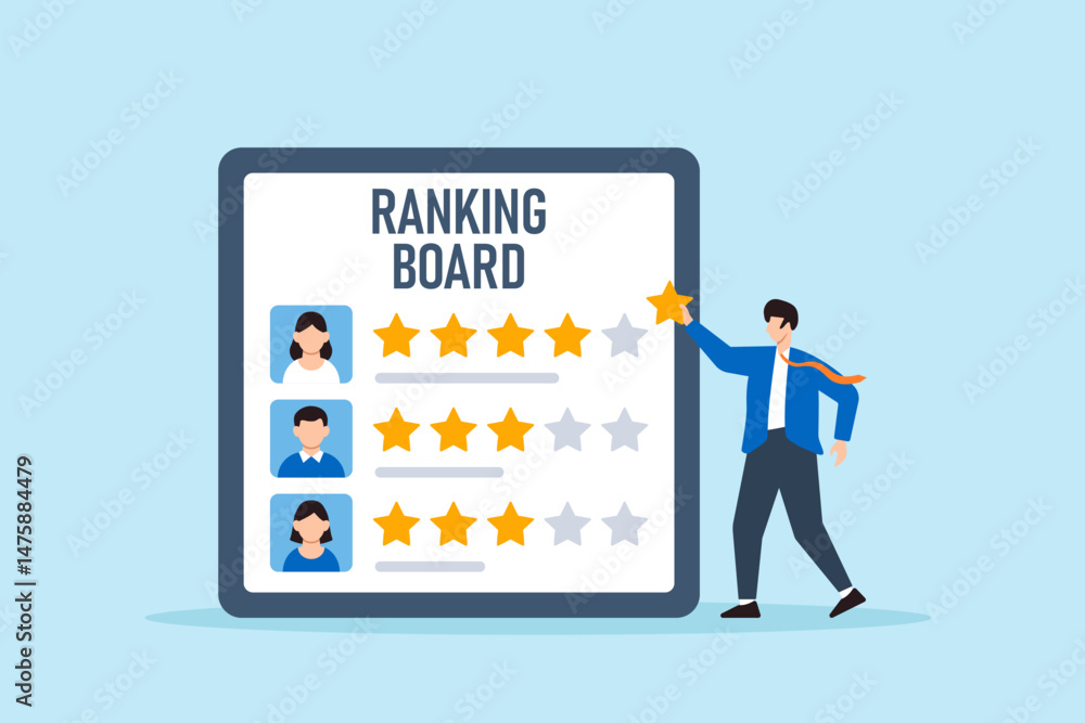 Poster flat illustration of human resource manager placing rating stars next to candidate avatars on rankin