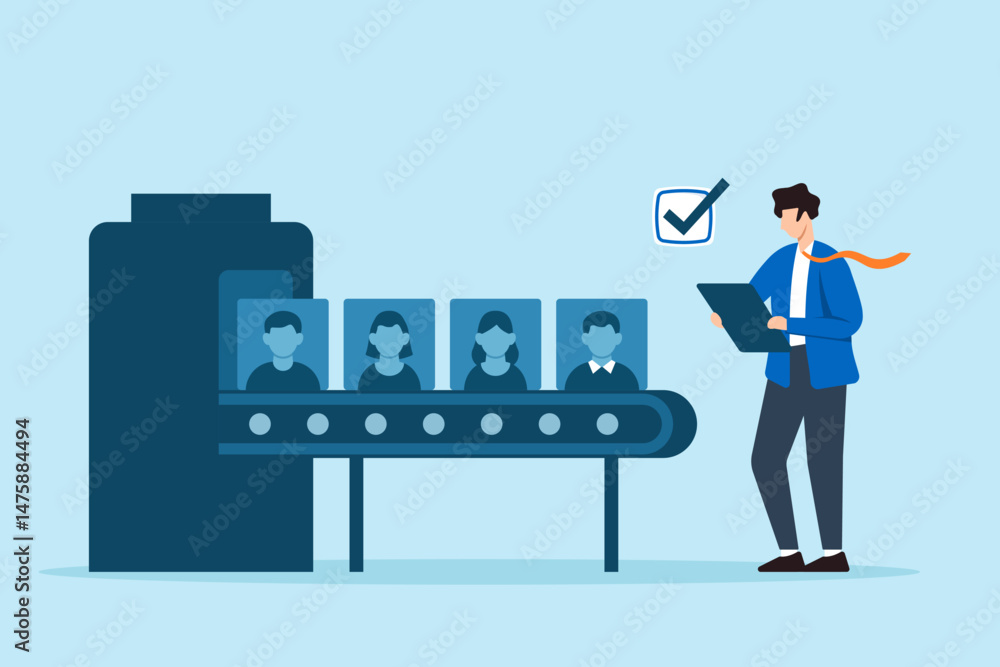 Poster flat illustration of human resource manager reviewing candidate profile files on conveyor belt durin