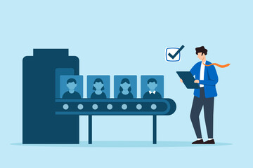 Flat illustration of human resource manager reviewing candidate profile files on conveyor belt during automated recruitment process and checklist screening for hiring selection