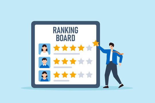 Flat illustration of human resource manager placing rating stars next to candidate avatars on ranking board to evaluate interview selection and onboarding priority