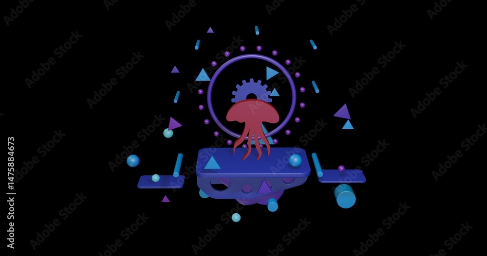 Aufkleber red jellyfish symbol on a pedestal of abstract geometric shapes floating in the air. abstract concep