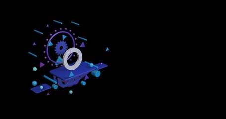 White circle symbol on a pedestal of abstract geometric shapes floating in the air. Abstract concept art with flying shapes on the left. 3d illustration on black background