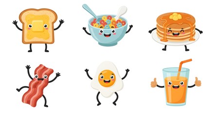 Delightful breakfast food characters toast cereal pancakes bacon egg juice fun cartoon illustration perfect for kids menus websites and breakfast themed designs