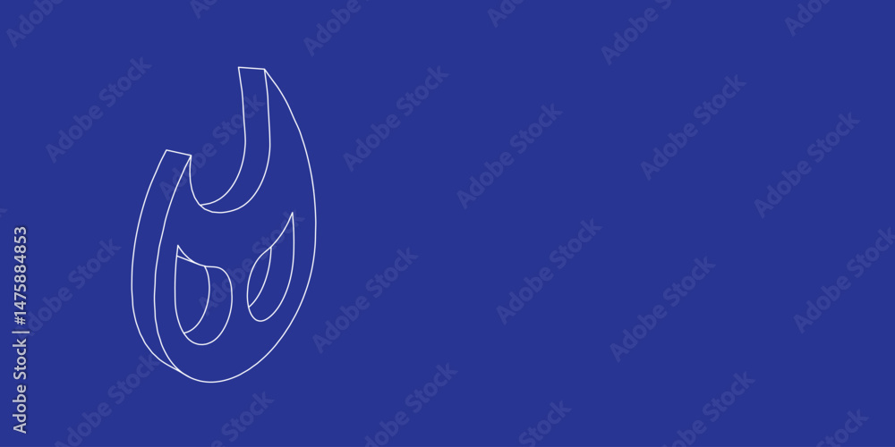 Poster the outline of a large fire symbol made of white lines on the left. 3d view of the object in perspec