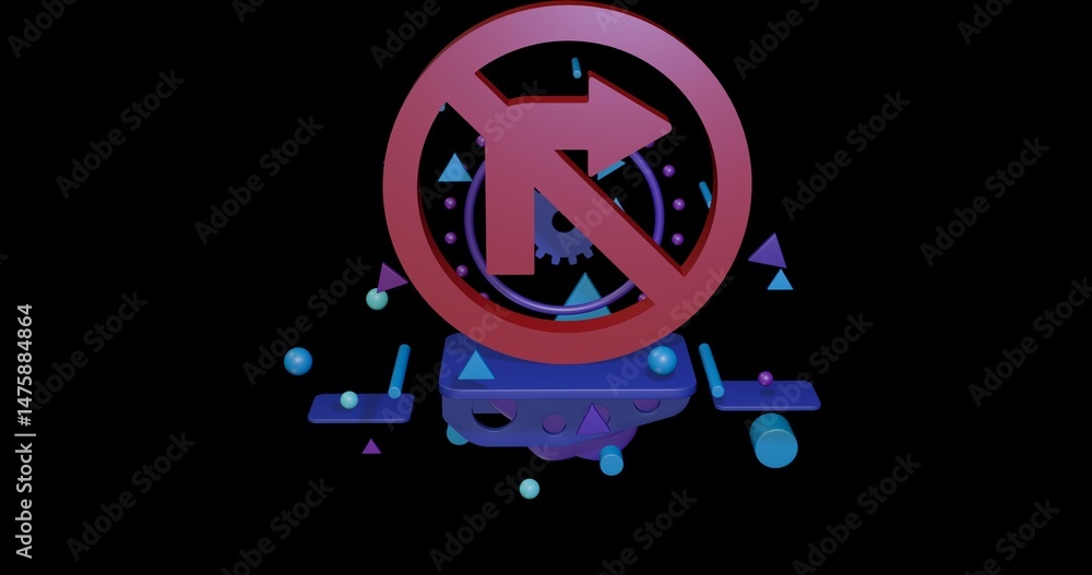 Poster red no right turn sign on a pedestal of abstract geometric shapes floating in the air. abstract conc