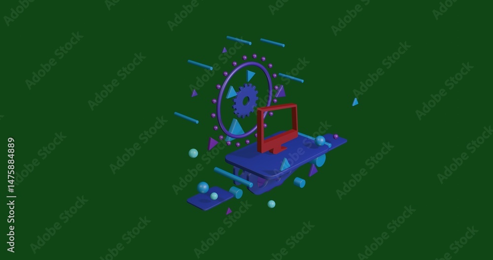 Poster red monoblock symbol on a pedestal of abstract geometric shapes floating in the air. abstract concep