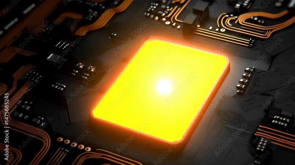 Poster illuminating tech: a close-up shot of a microchip illuminates, highlighting the complex circuitry an