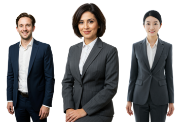 Three diverse young adult business professionals, two women and one man, wearing suits and smiling for a studio portrait against a transparent background.