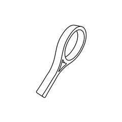 The outline of a large tennis racket symbol is made with black lines. 3D view of the object in perspective. Vector illustration on white background