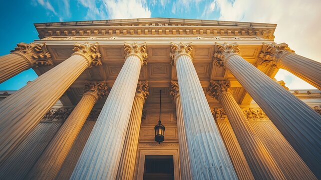 Grand Supreme Court building with towering marble columns golden scales of justice above the entrance dramatic lighting