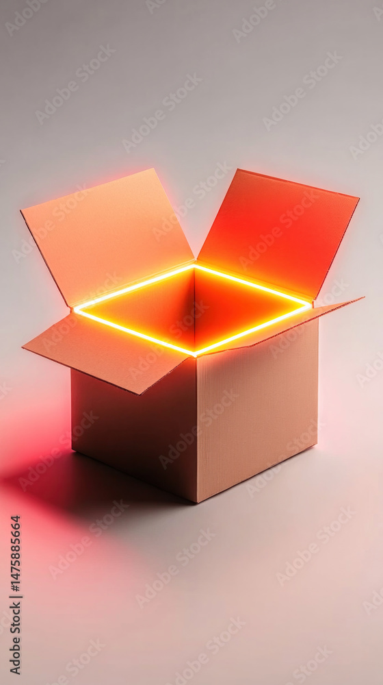 Poster a cardboard box with a red light inside. the box is open and the light is glowing inside