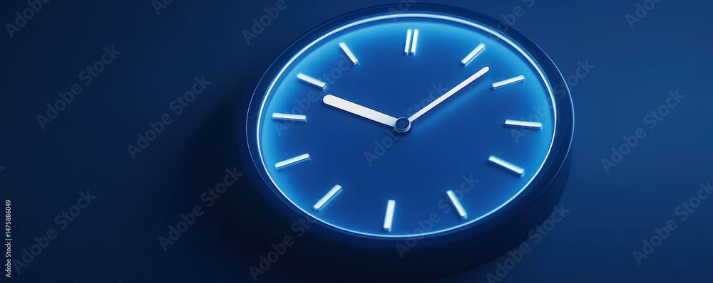 Poster a blue clock with the hands at the numbers 3 and 9. the blue color of the clock and the blue backgro
