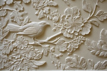 Ornate floral relief carving of a bird perched on a branch.