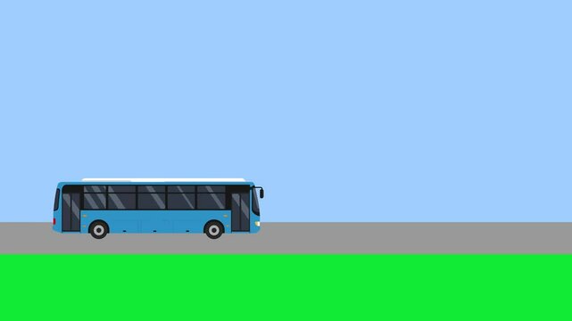 Animated Blue Coach Bus Driving Left to Right &ndash; Flat Style Highway Bus on Road with Blue Sky and Grass for Transportation, Travel, and Educational Videos