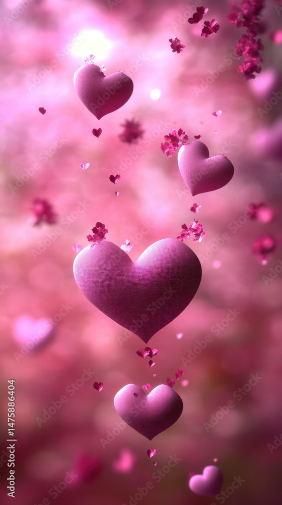 Poster a pink background with three hearts floating in the air. the hearts are all different sizes and are 