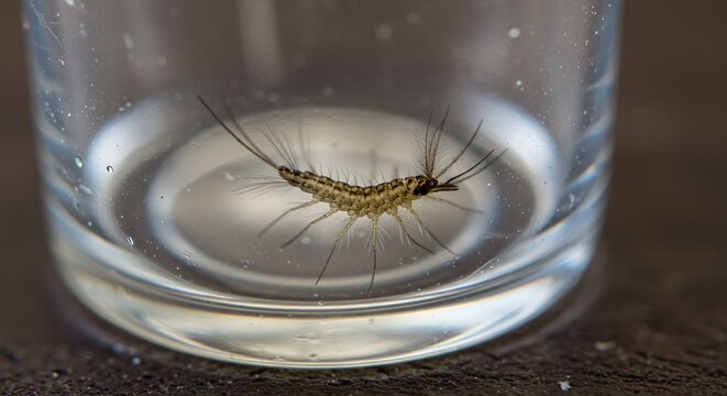 A Close-Up View of a Bristletail Insect Trapped Inside a Glass