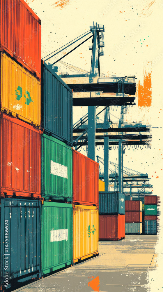 Poster a colorful stack of shipping containers are piled high. the scene is a busy port with many container