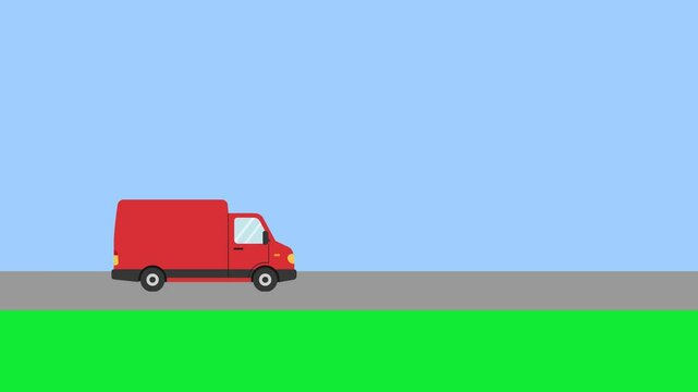 2D animated red van with a boxy shape driving from left to right. Ideal for delivery app demos, courier service ads, or motion graphics projects with transport themes.