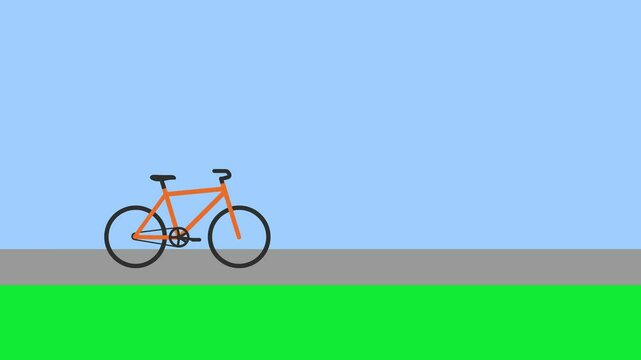 2D animation of a bicycle riding from left to right across a simple flat landscape with blue sky and green grass. The clean side-scrolling motion and minimal style make this animation perfect for educ