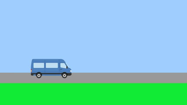 Animated blue minibus driving steadily along a straight road with clear sky and flat terrain. Suitable for urban transport, taxi apps, or animation explainer content.