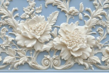 Ornate, sculpted floral design on a light blue background.