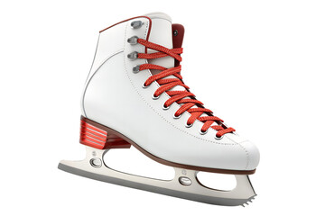 Close up of a white figure skate with red laces and accents on a light surface on transparent background