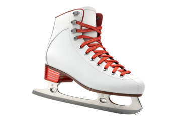 Close up of a white figure skate with red laces and accents on a light surface on transparent background