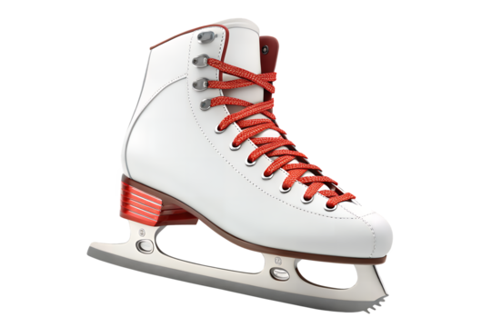 Close up of a white figure skate with red laces and accents on a light surface on transparent background